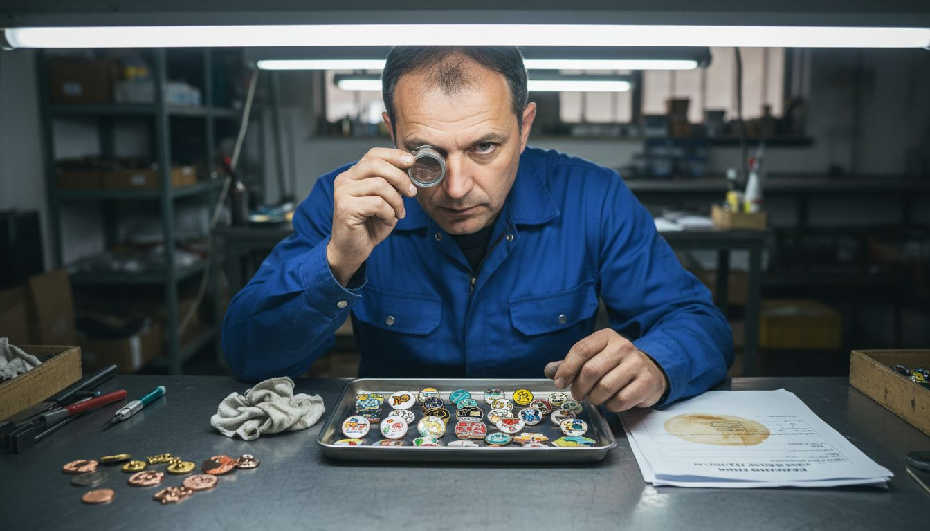 Technician inspecting hard and soft enamel pins