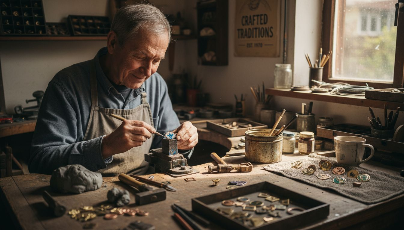 Artisan engraving pins in sunlit workshop