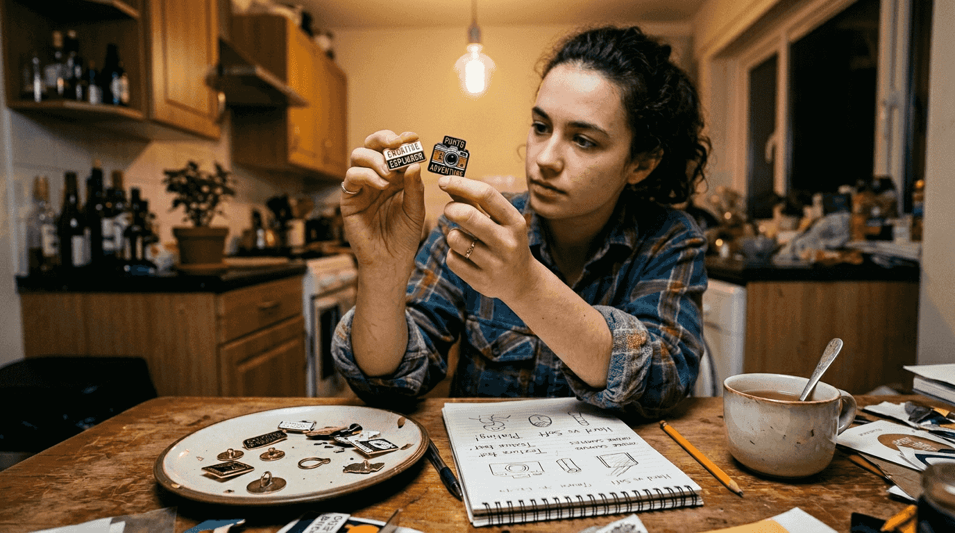Designer comparing hard and soft enamel pins