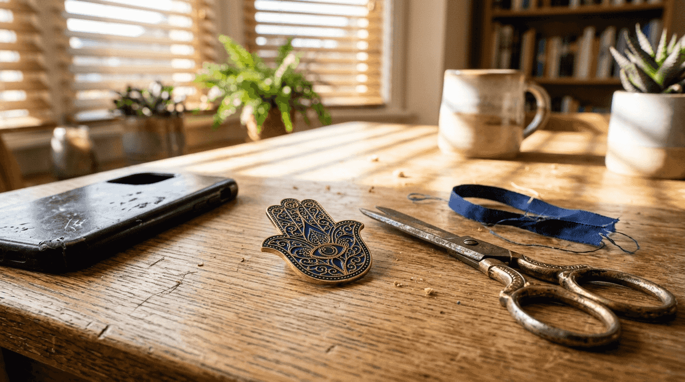Detailed Hamsa enamel pin on wooden table
