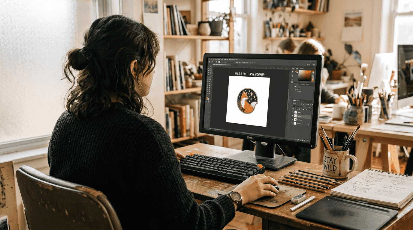 Designer reviews enamel pin digital mockup
