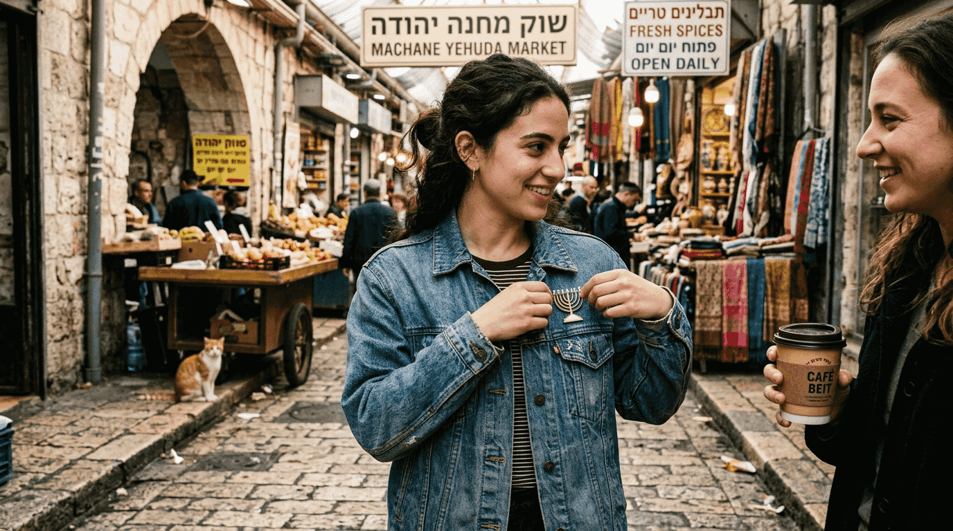 Woman pinning menorah enamel pin at street market