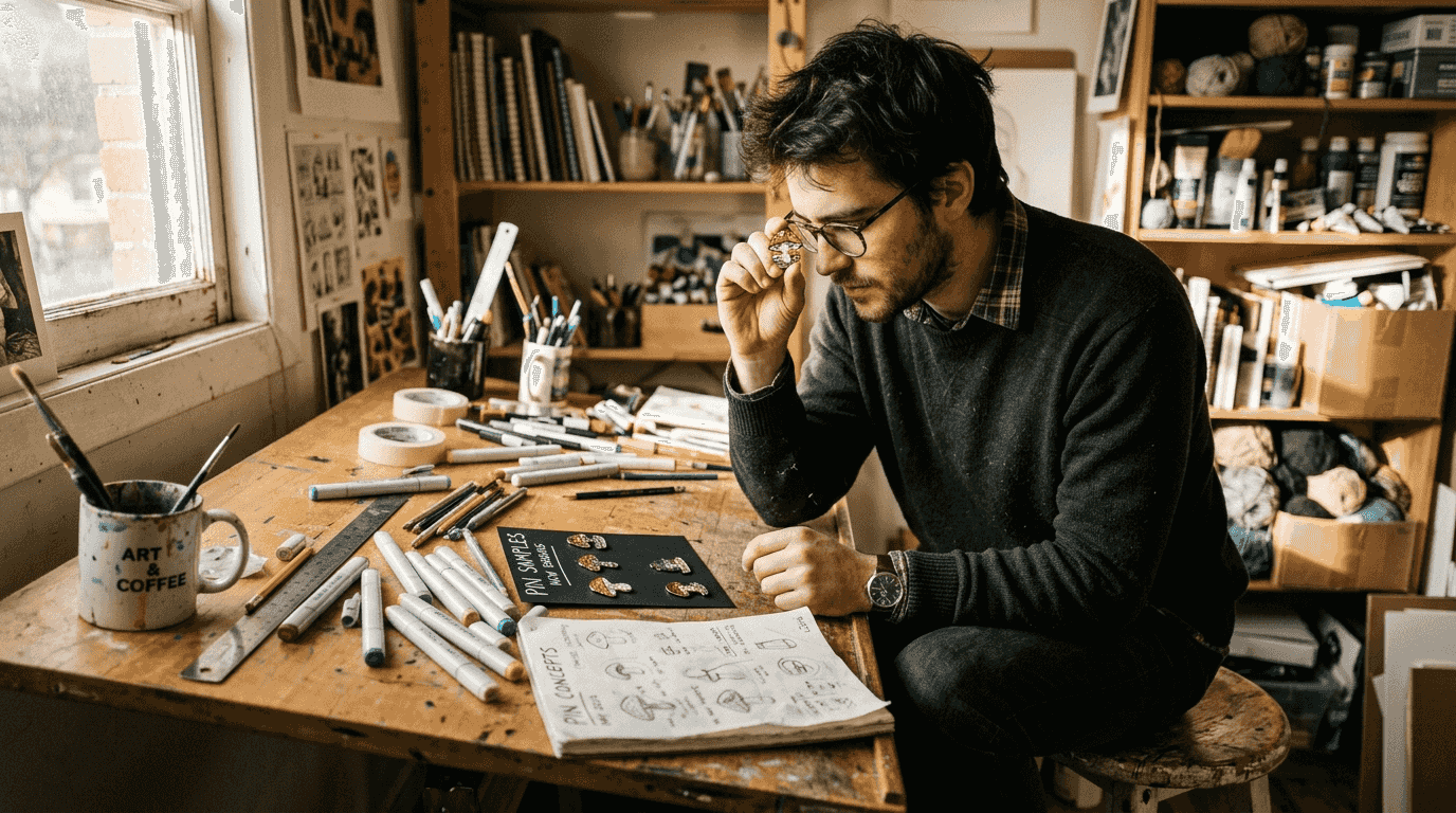 Artist closely examining enamel pin sample