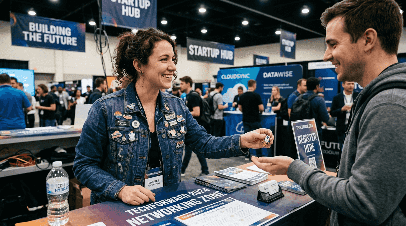 Conference attendee giving enamel pins to guest