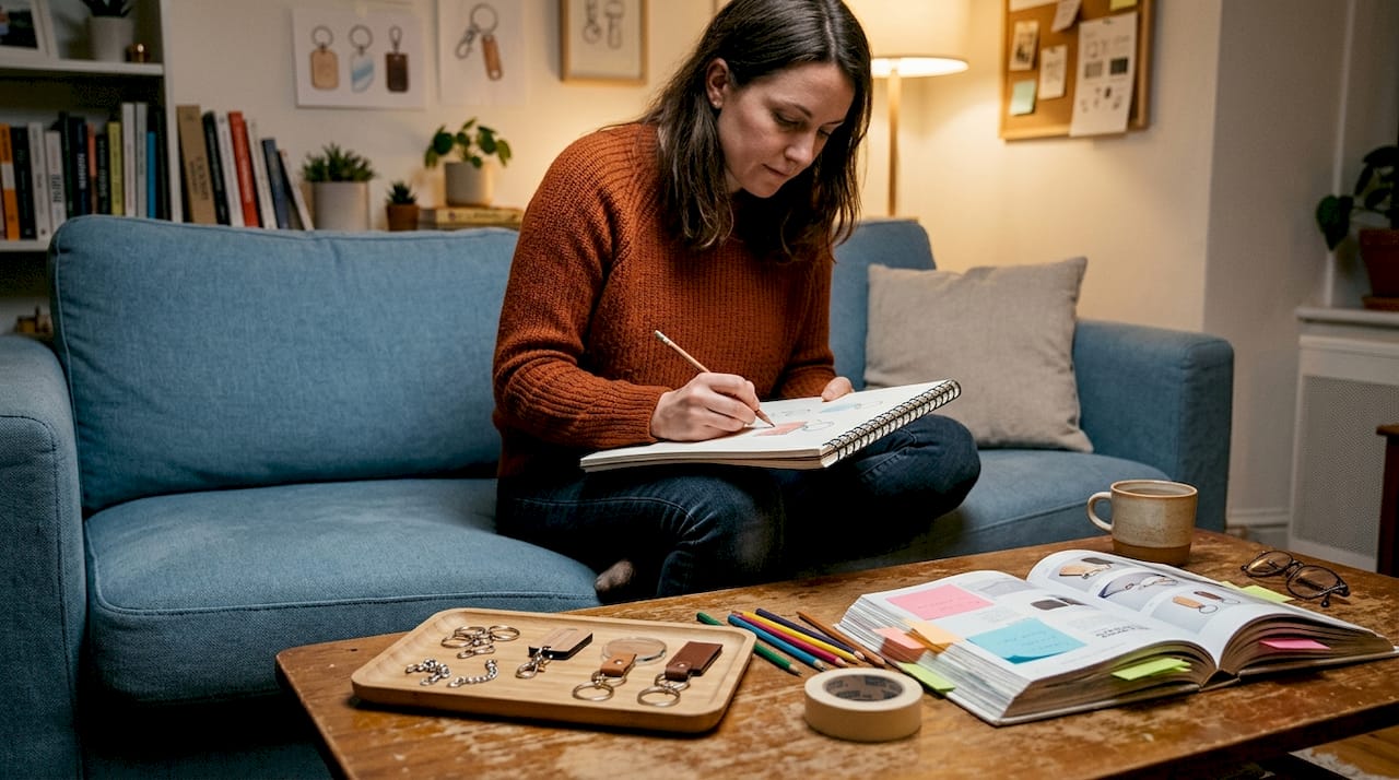 Designer sketching concepts for custom keychains