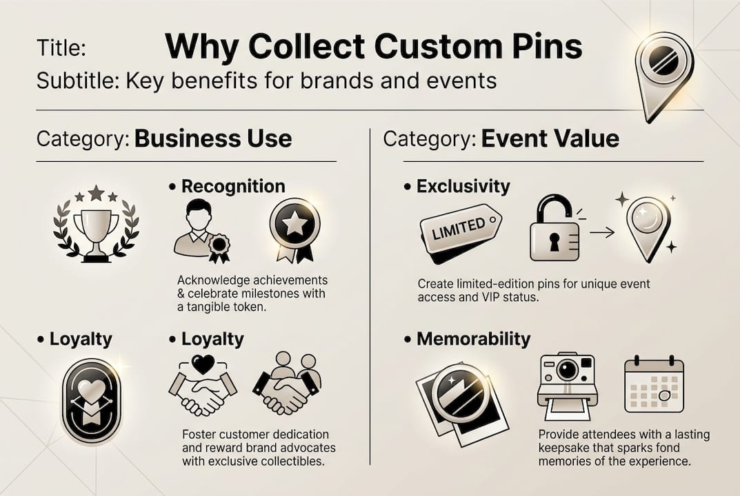 Infographic showing custom pin business and event benefits