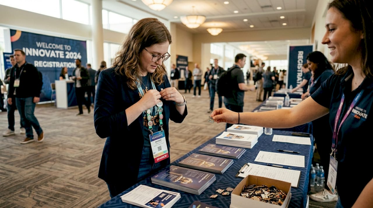 Attendee receiving custom pin at event registration