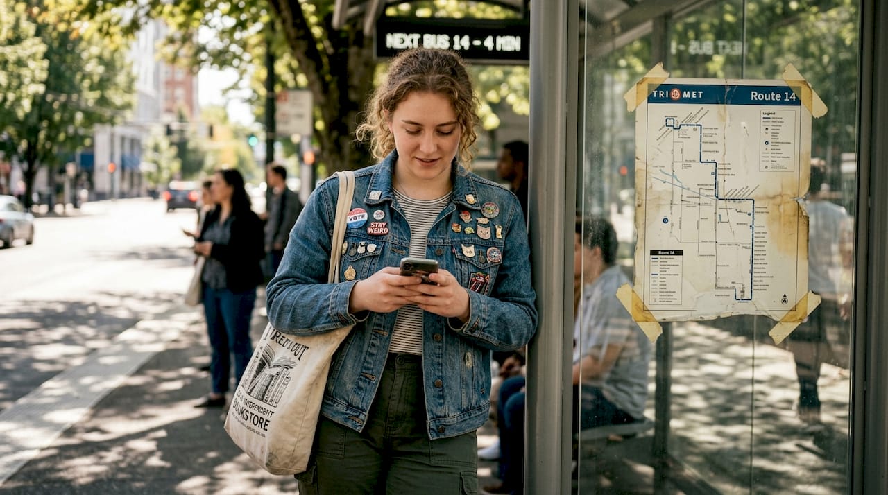 Woman wearing enamel pins at bus stop