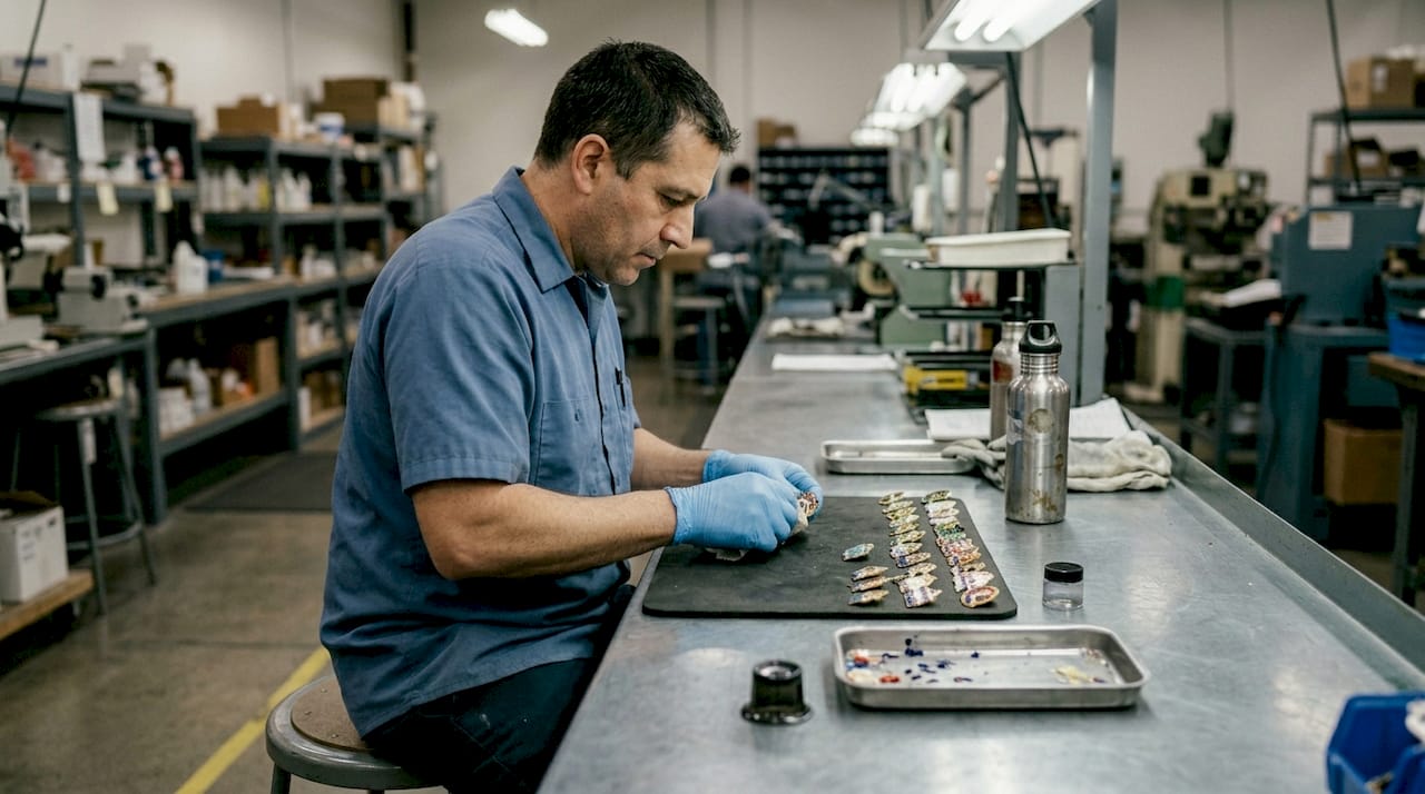 Worker polishing hard enamel branding pins