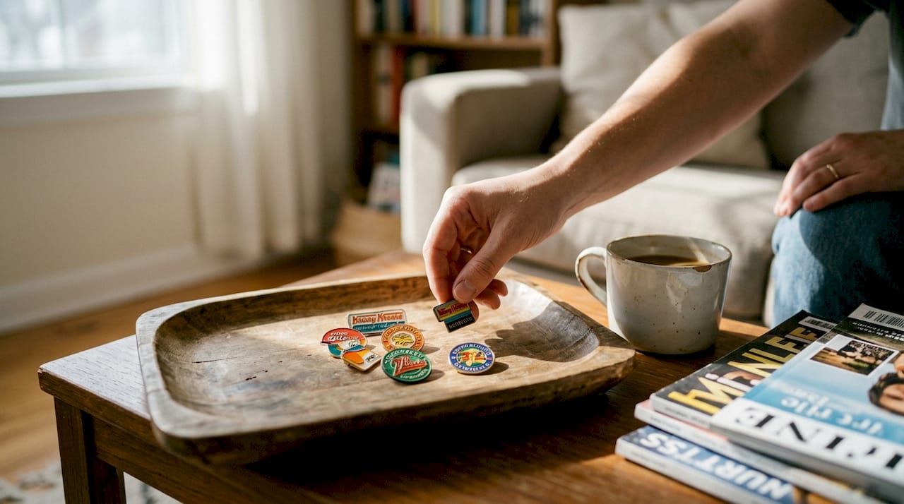 Colorful enamel pins on wood tray