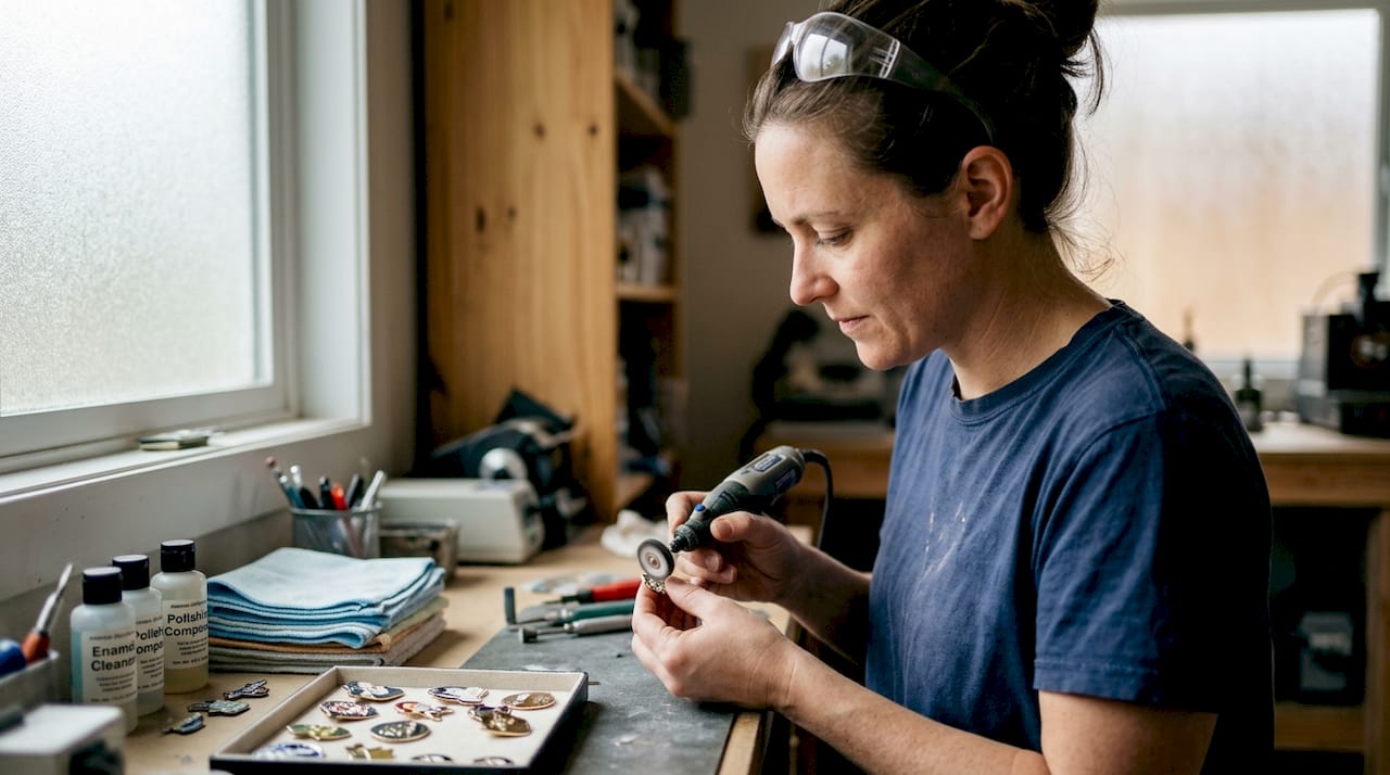 Worker polishing hard enamel pins on work table