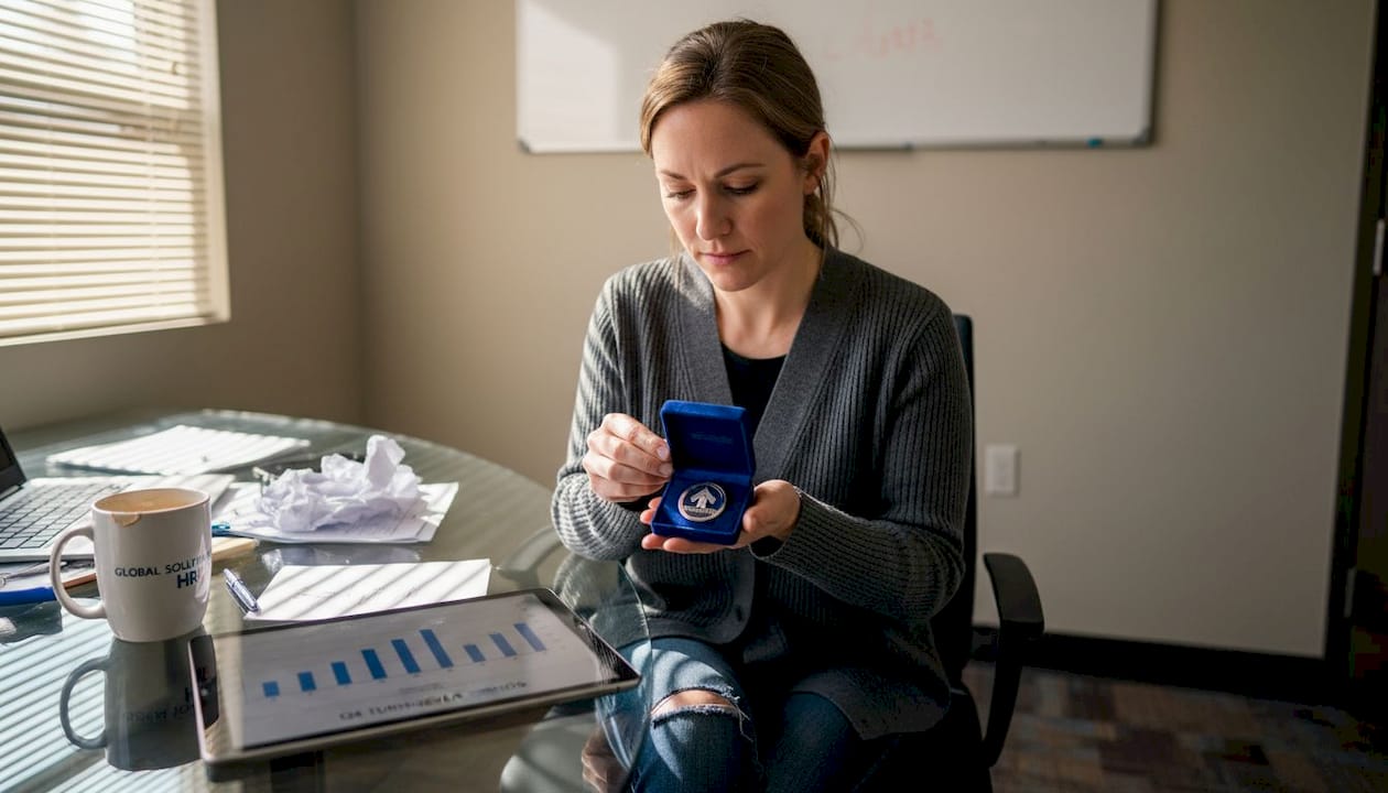 HR specialist inspecting recognition pin
