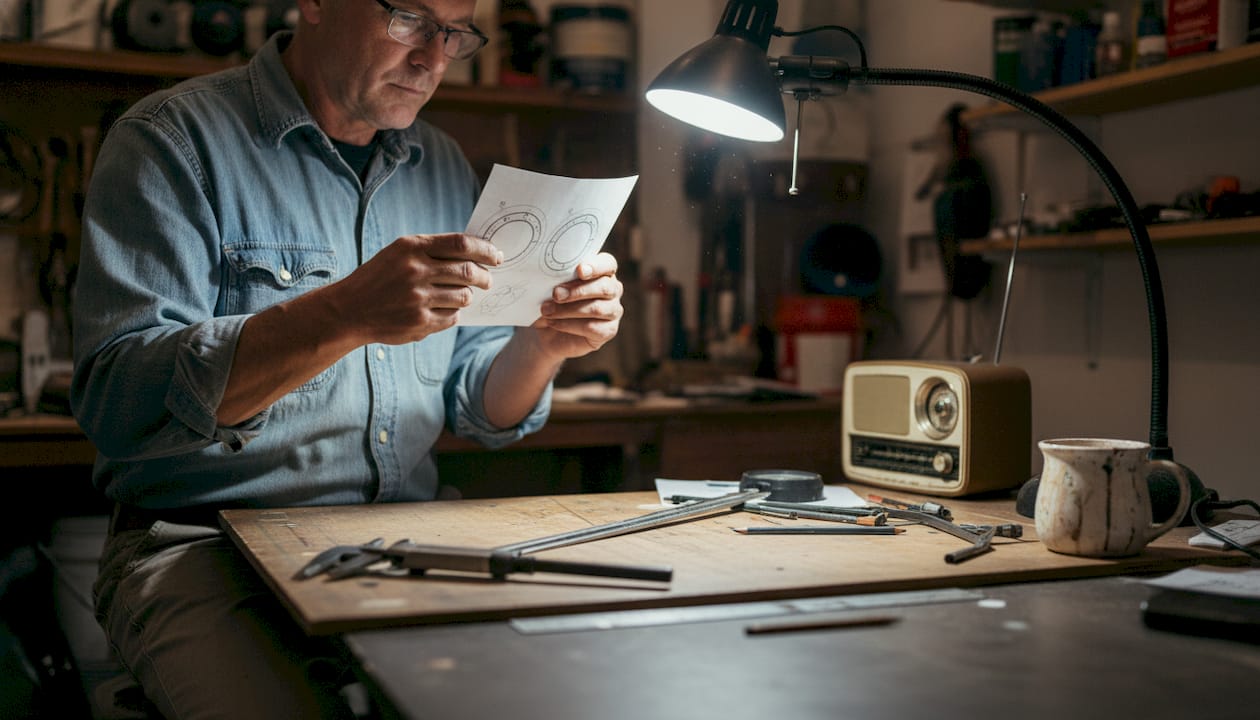 Man inspecting printed pin design template in studio