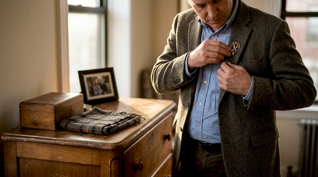 Man attaching family crest accessory to jacket