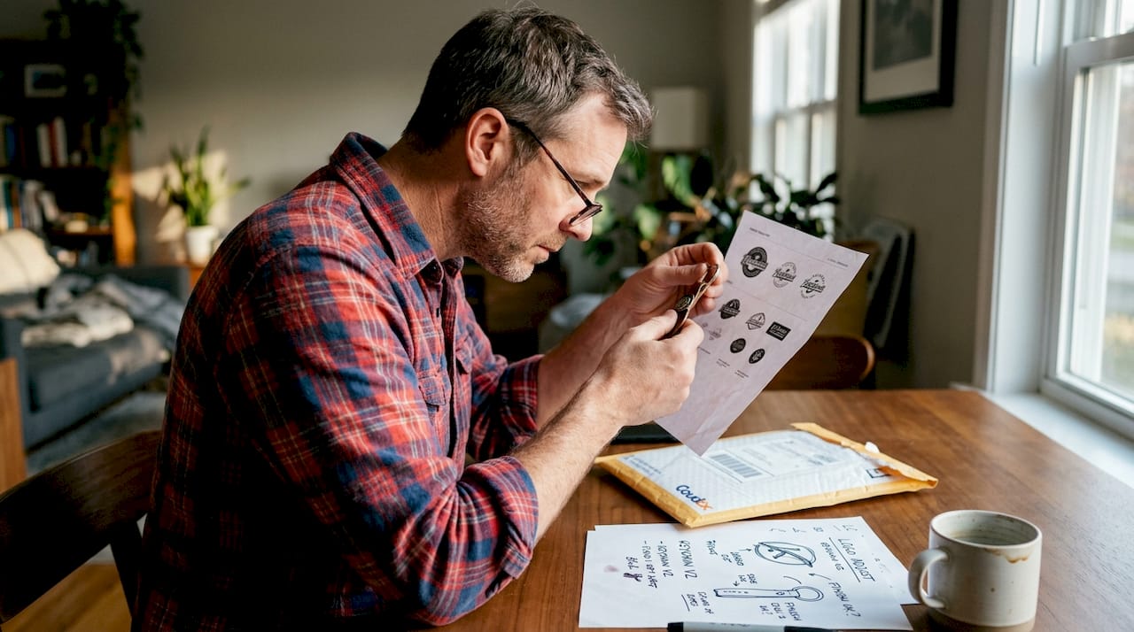 Man reviewing sample keychain and proof sheet