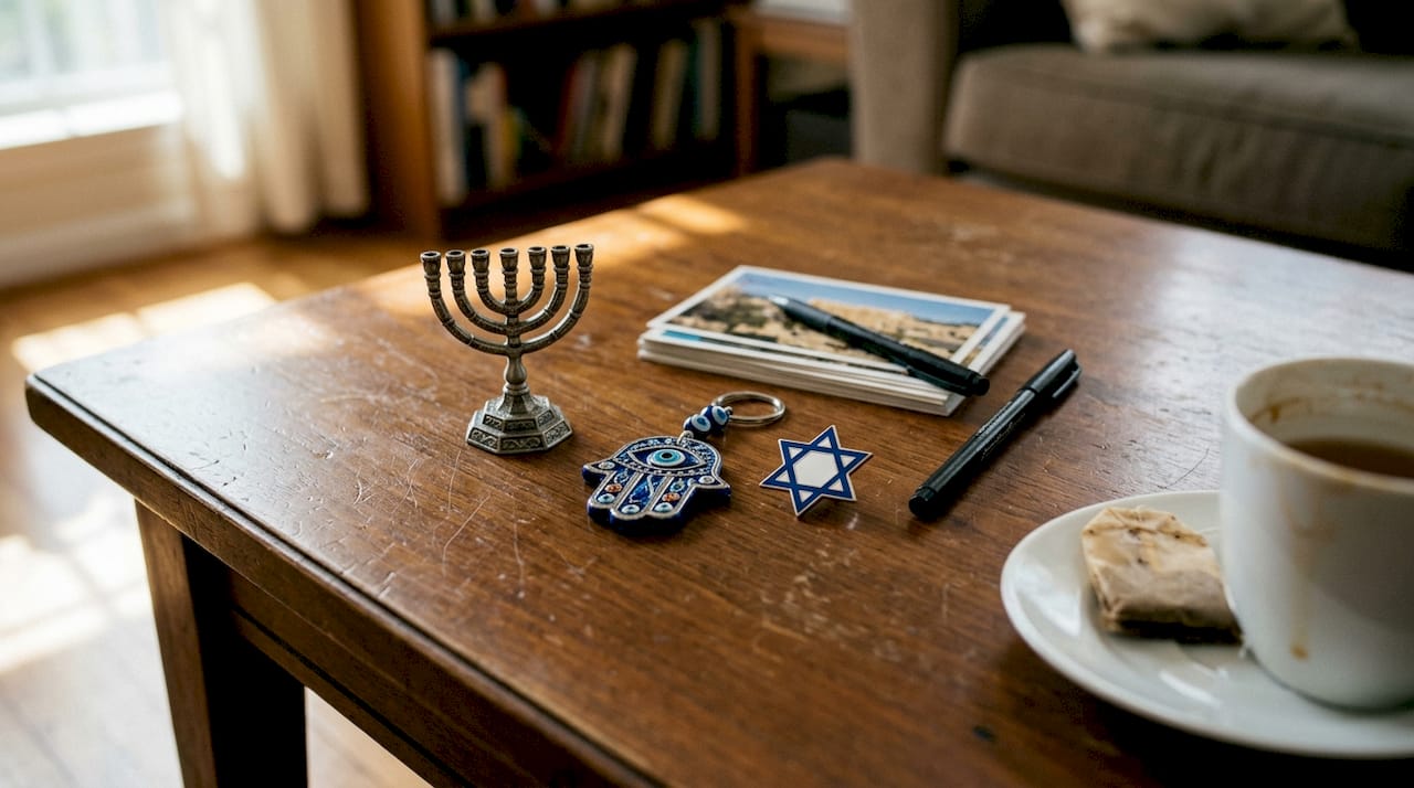 Menorah Hamsa Star gift items on table
