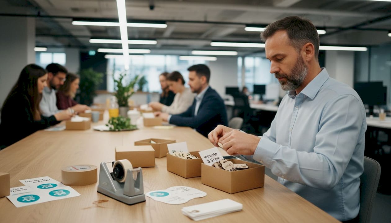 Man assembling custom corporate gift packages