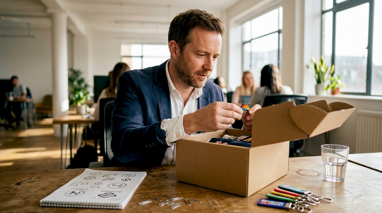 Man reviews branded souvenirs in office