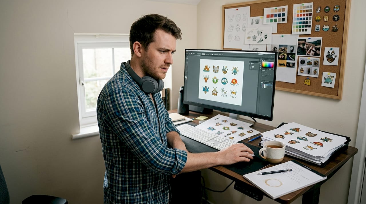 Man reviews pin artwork in home office