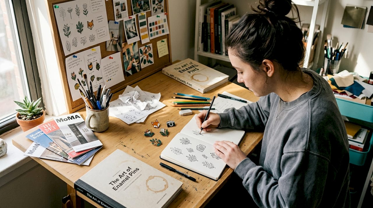 Designer sketching museum pin concepts