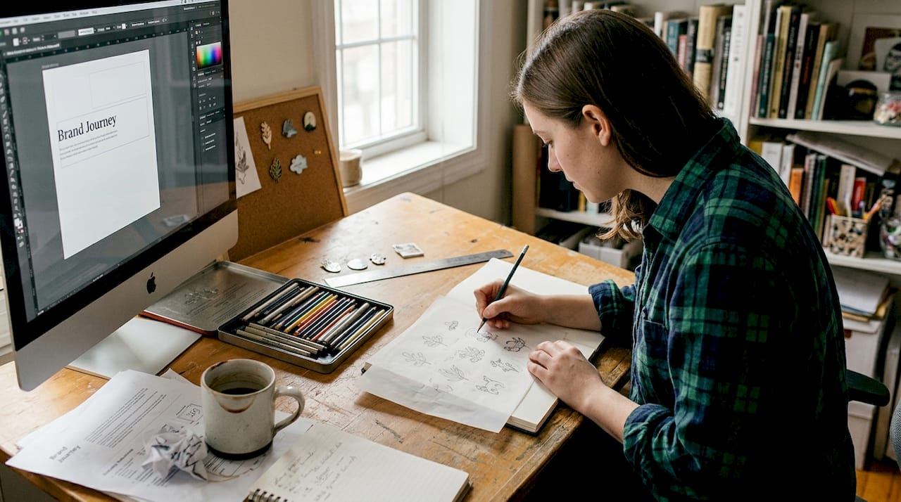 Designer sketching custom storytelling pins
