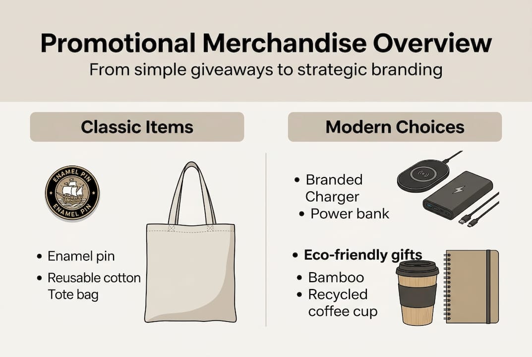 Infographic outlining promotional merchandise types and evolution