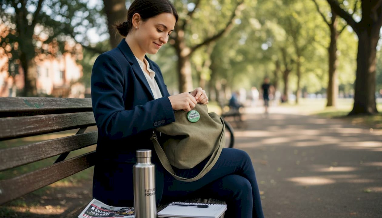 Professional using branded pin on park bench
