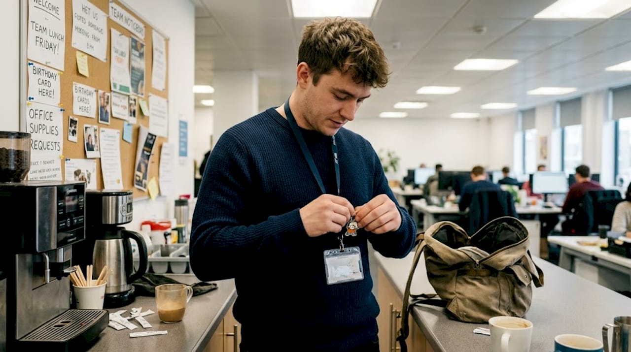 Employee using custom keychain in office daily life
