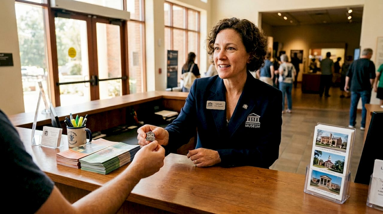 Museum staff giving custom branded pin