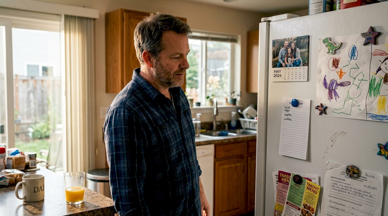 Man checking branded magnet on family fridge