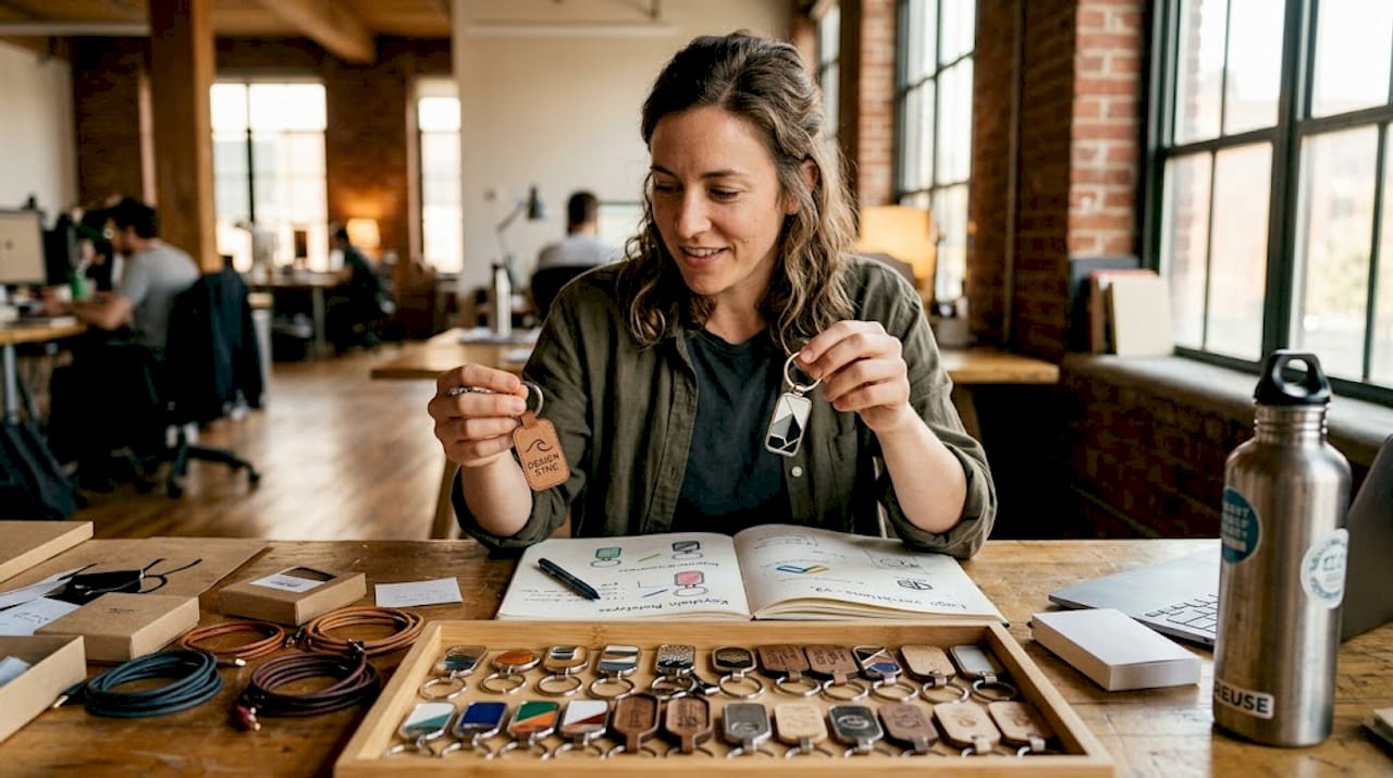 Designer comparing branded keychain samples