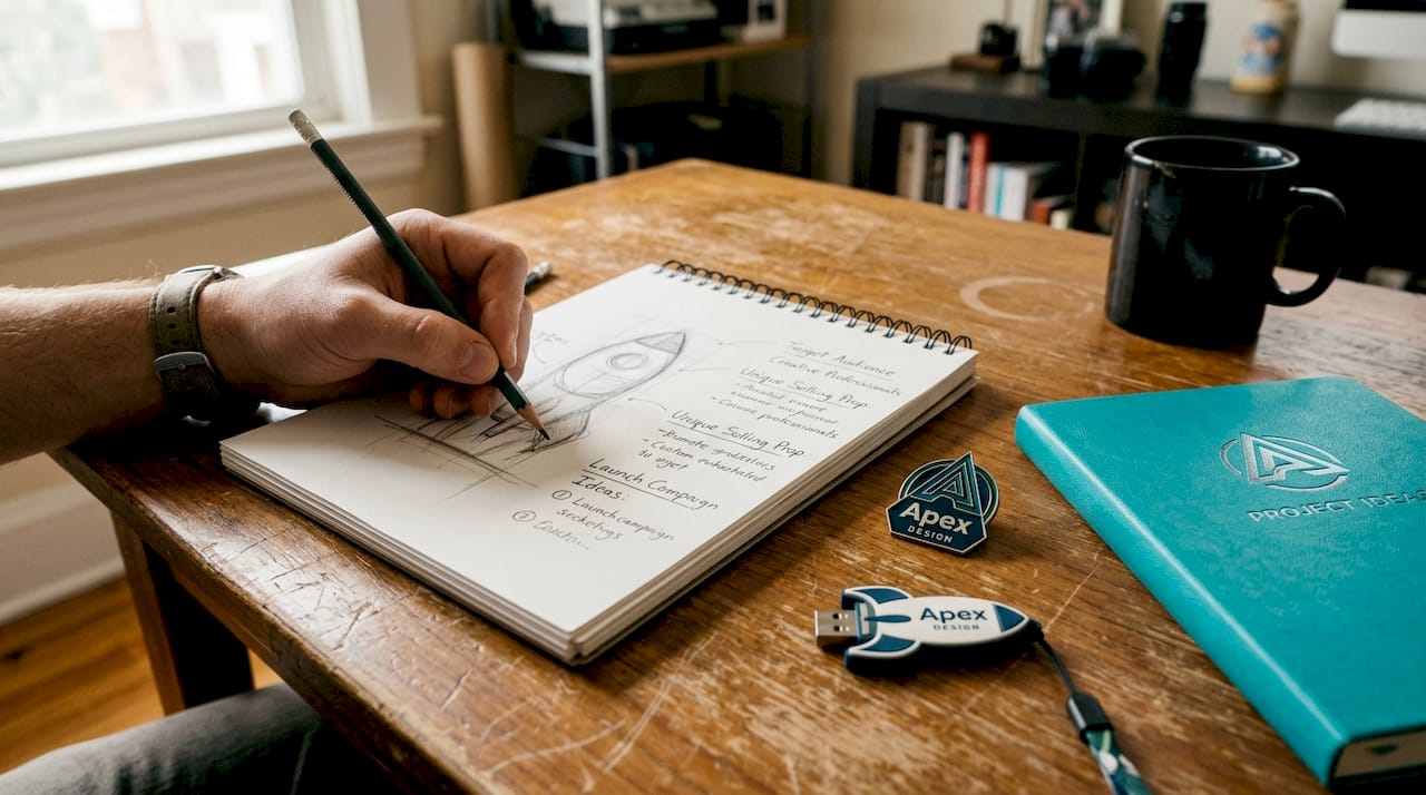 Hands designing unique branded promotional items