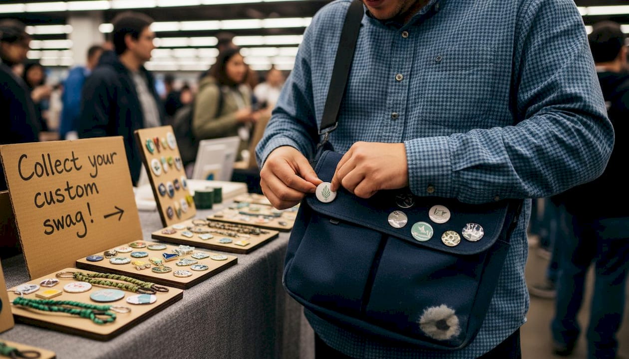 Attendee adding custom enamel pin at event booth