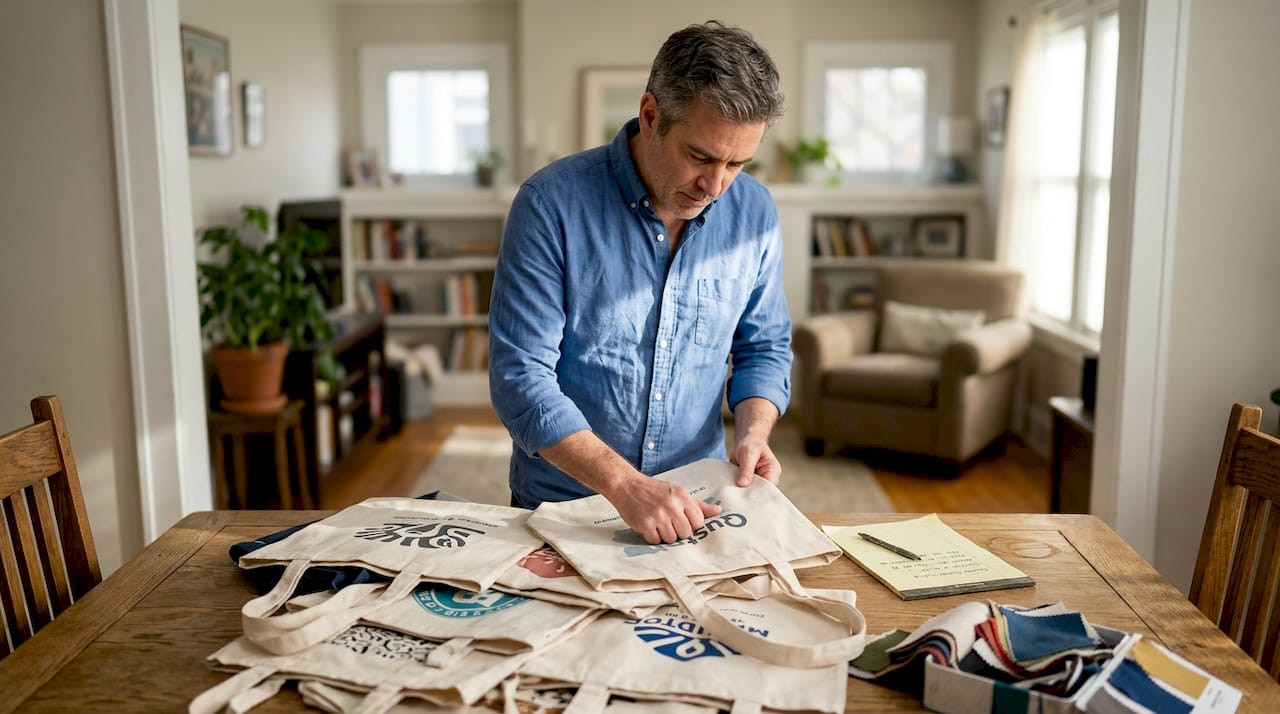 Man checking quality of custom tote bags