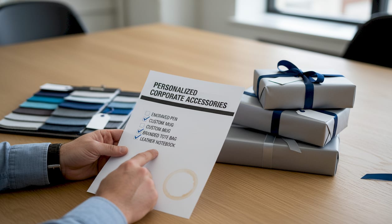 Executive checking corporate gift checklist at table