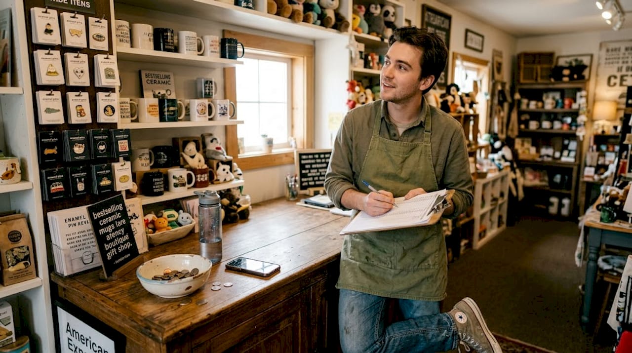 Shop assistant updating inventory at gift shop counter