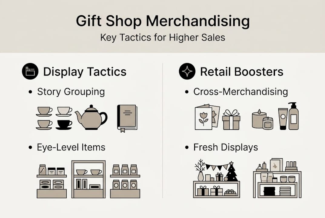 Gift shop merchandising key strategies infographic