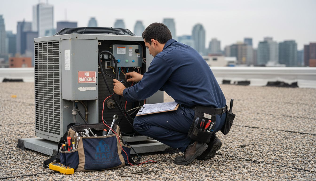 Technician upgrades HVAC system on rooftop