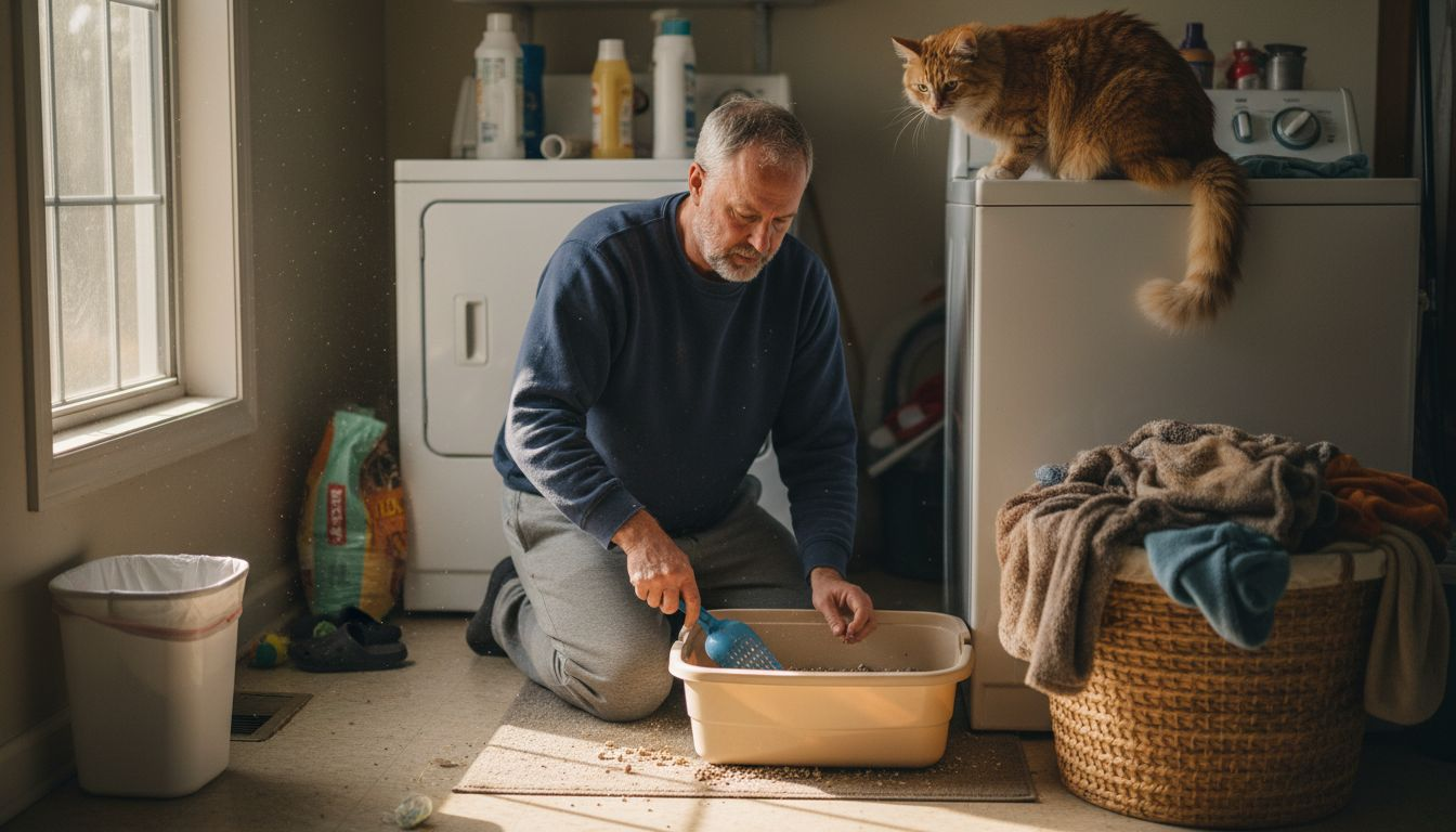 Man scooping cat litter as daily routine