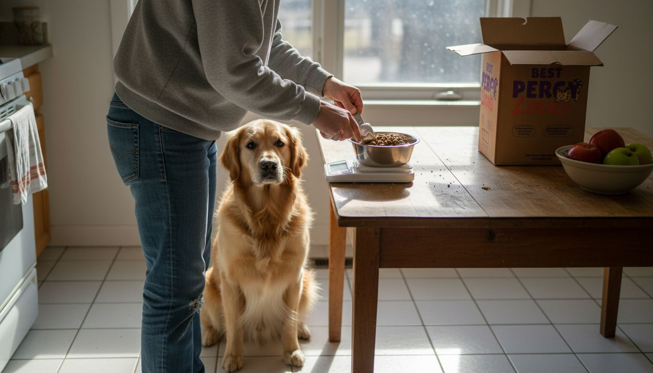 Dog watching food measured on kitchen scale