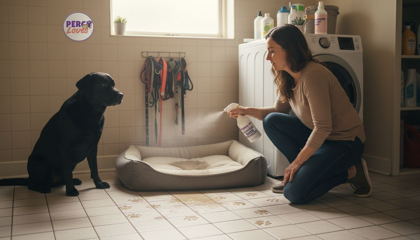 Woman using enzymatic spray on dog bed