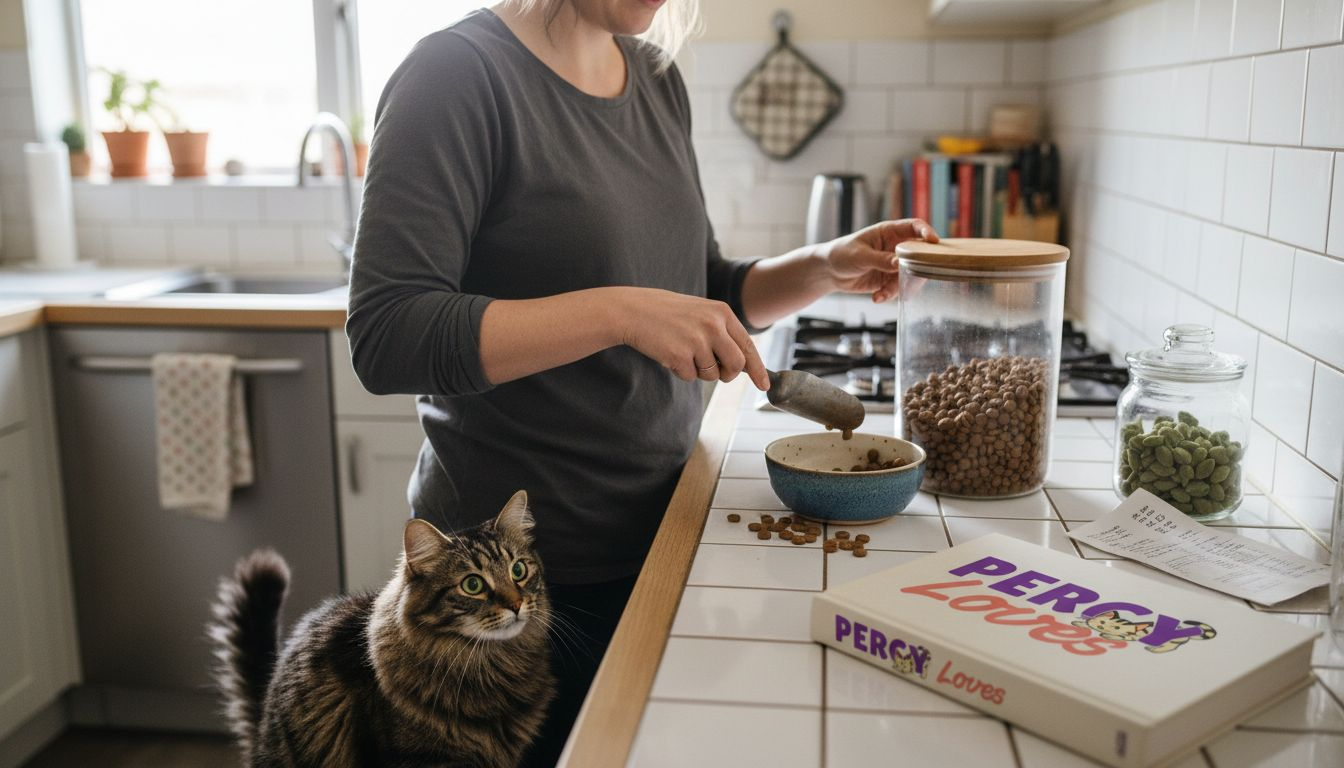 Owner serving sustainable protein pet food