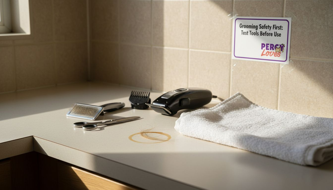 Safe dog grooming equipment on mudroom counter