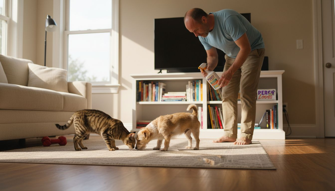 Cat and dog inspect cleaned rug