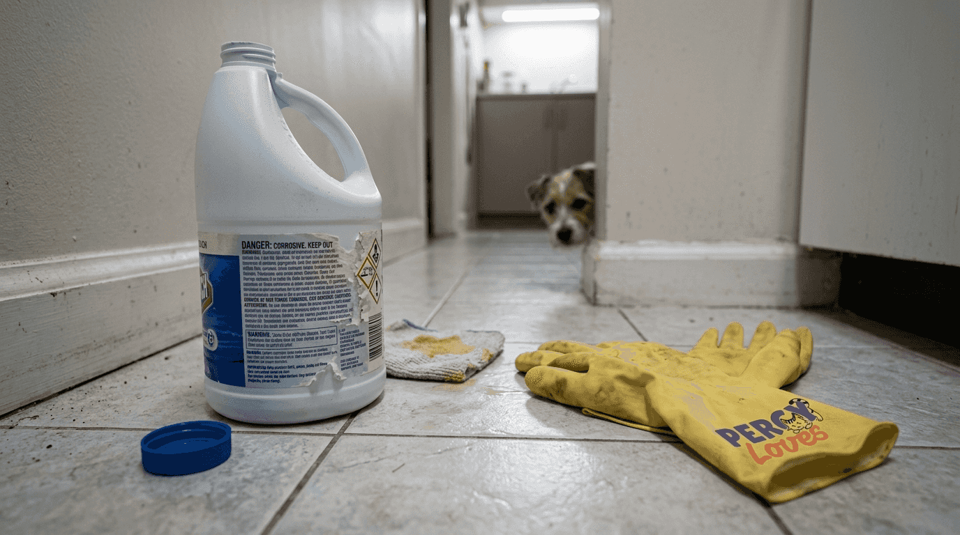 Bleach bottle and cleaning gloves near small dog