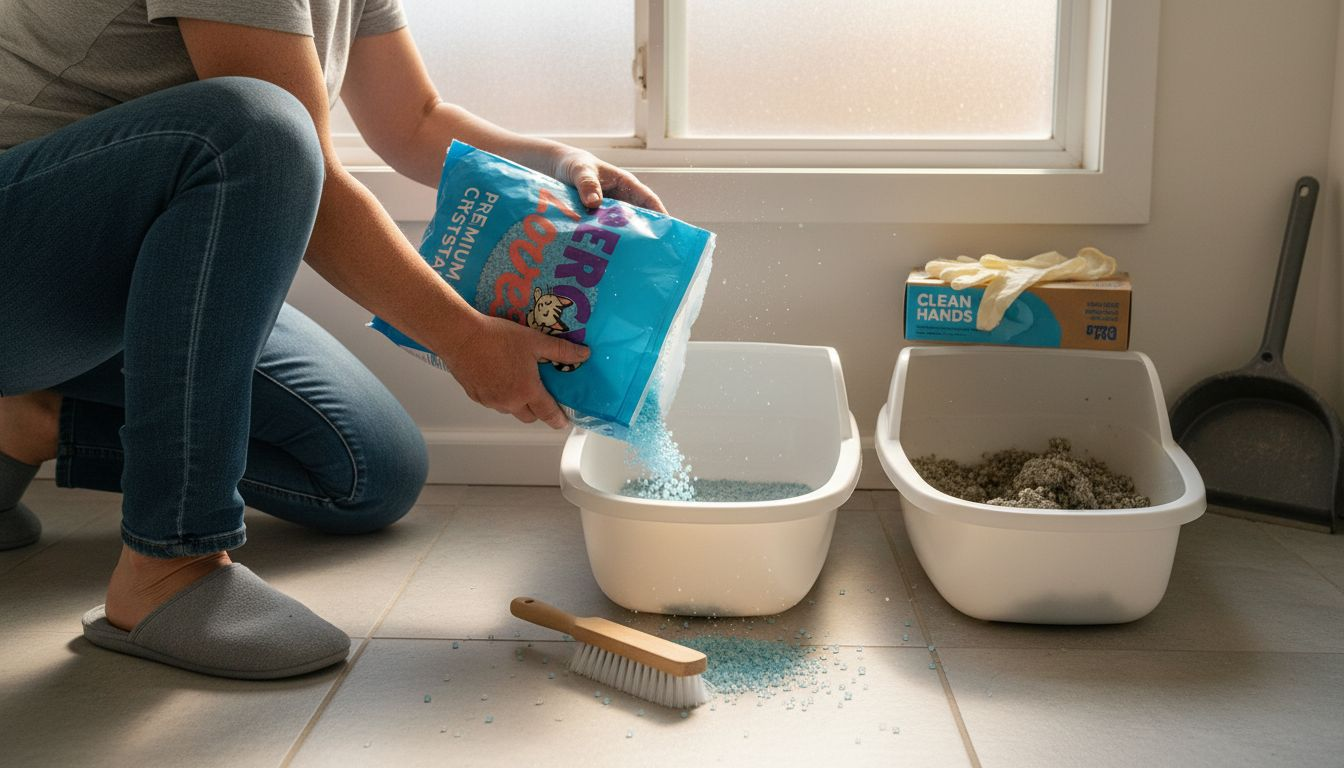 Person pouring crystal litter into box for comparison