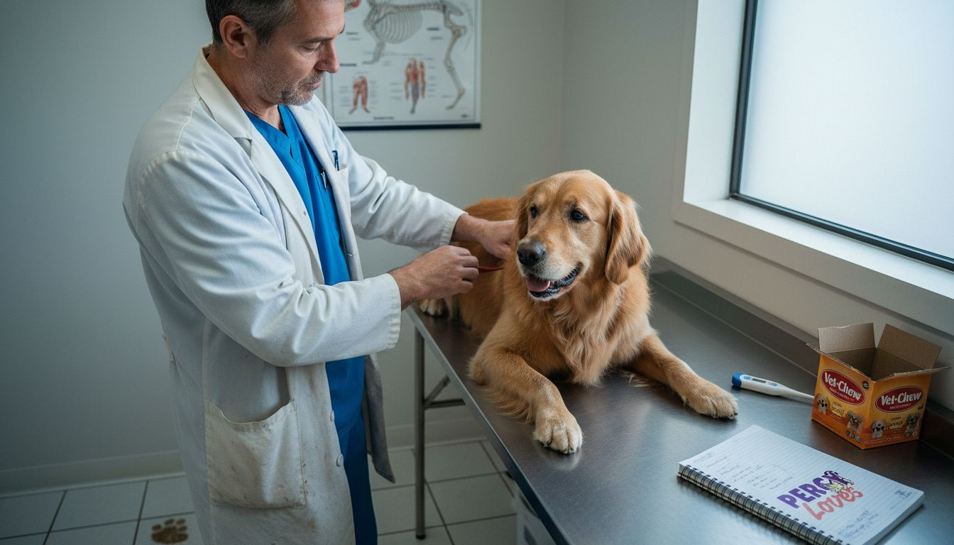 Veterinarian checks golden retriever in clinic exam