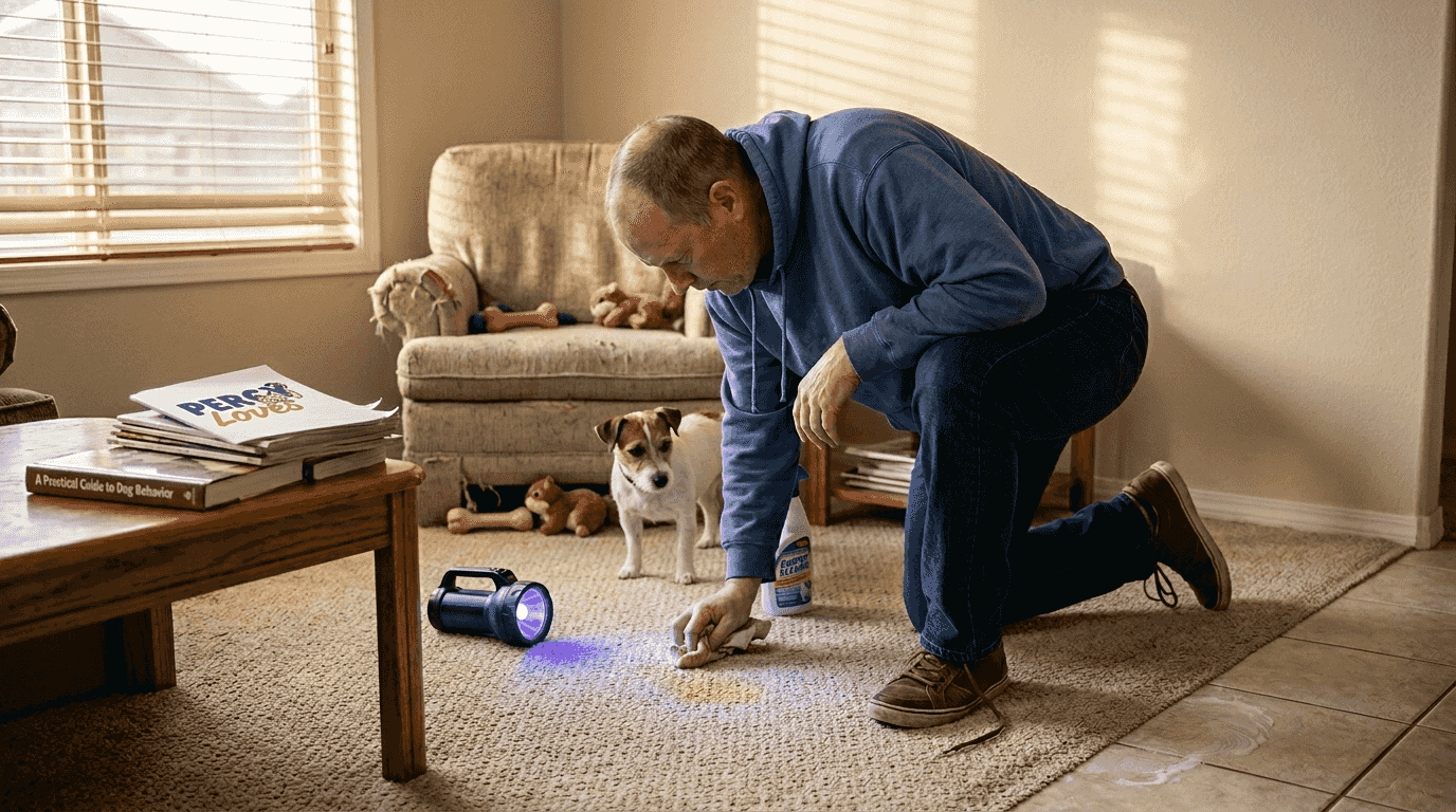 Man cleaning fresh pet urine with UV light