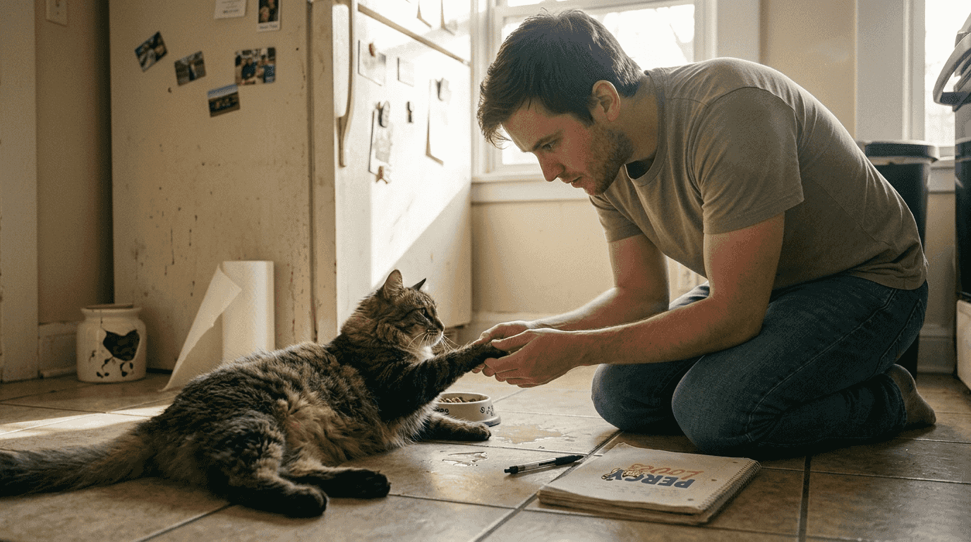 Pet owner performing monthly health check on cat