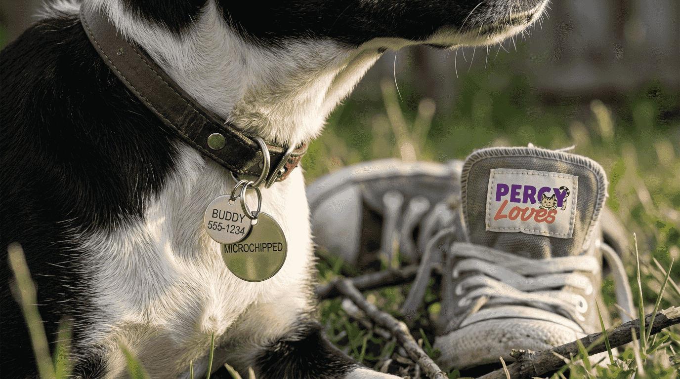 Closeup of dog's ID collar and tags